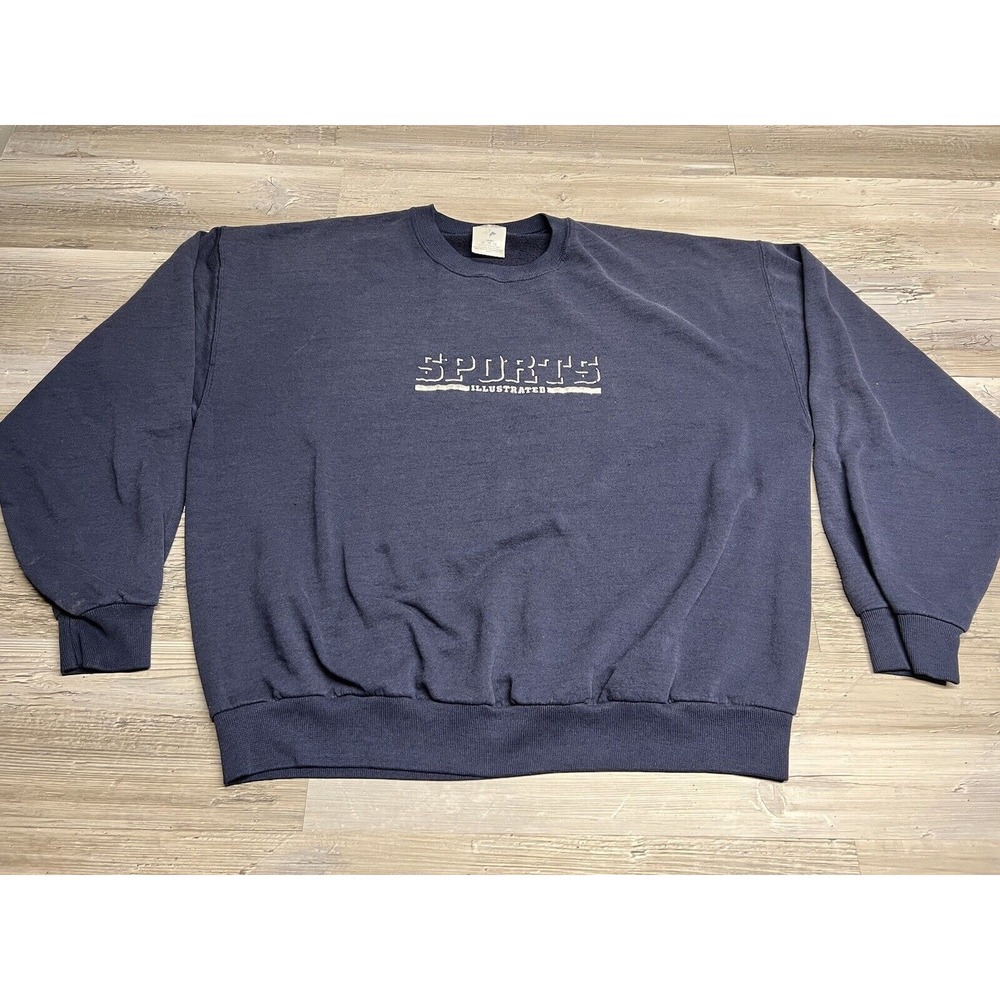Vtg Sports Illustrated Crewneck‎ Sweatshirt XL Blue 3D Spell Out 90s Faded Thin